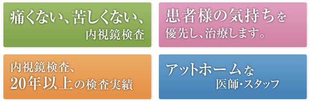 痛くない、苦しくない、内視鏡検査 患者様の気持ちを優先し、治療します。 内視鏡検査、20年以上の検査実績 アットホームな医師・スタッフ