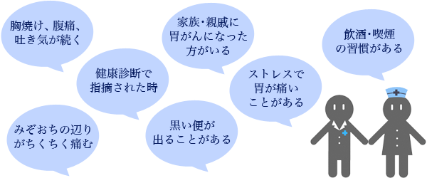 胸焼け、腹痛、吐き気が続く 家族・親戚に胃がんになった方がいる 飲酒・喫煙の習慣がある 健康診断で指摘された時 ストレスで胃が痛いことがある みぞおち辺りがちくちく痛む 黒い便が出ることがある