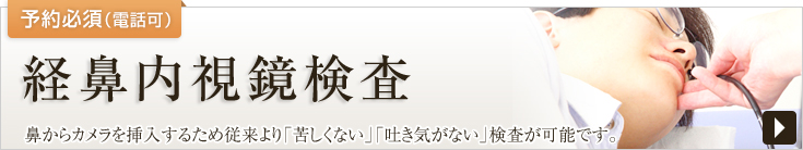 経鼻内視鏡検査　鼻からカメラを挿入するため従来より「苦しくない」「吐き気がない」検査が可能です。予約必須（電話可）